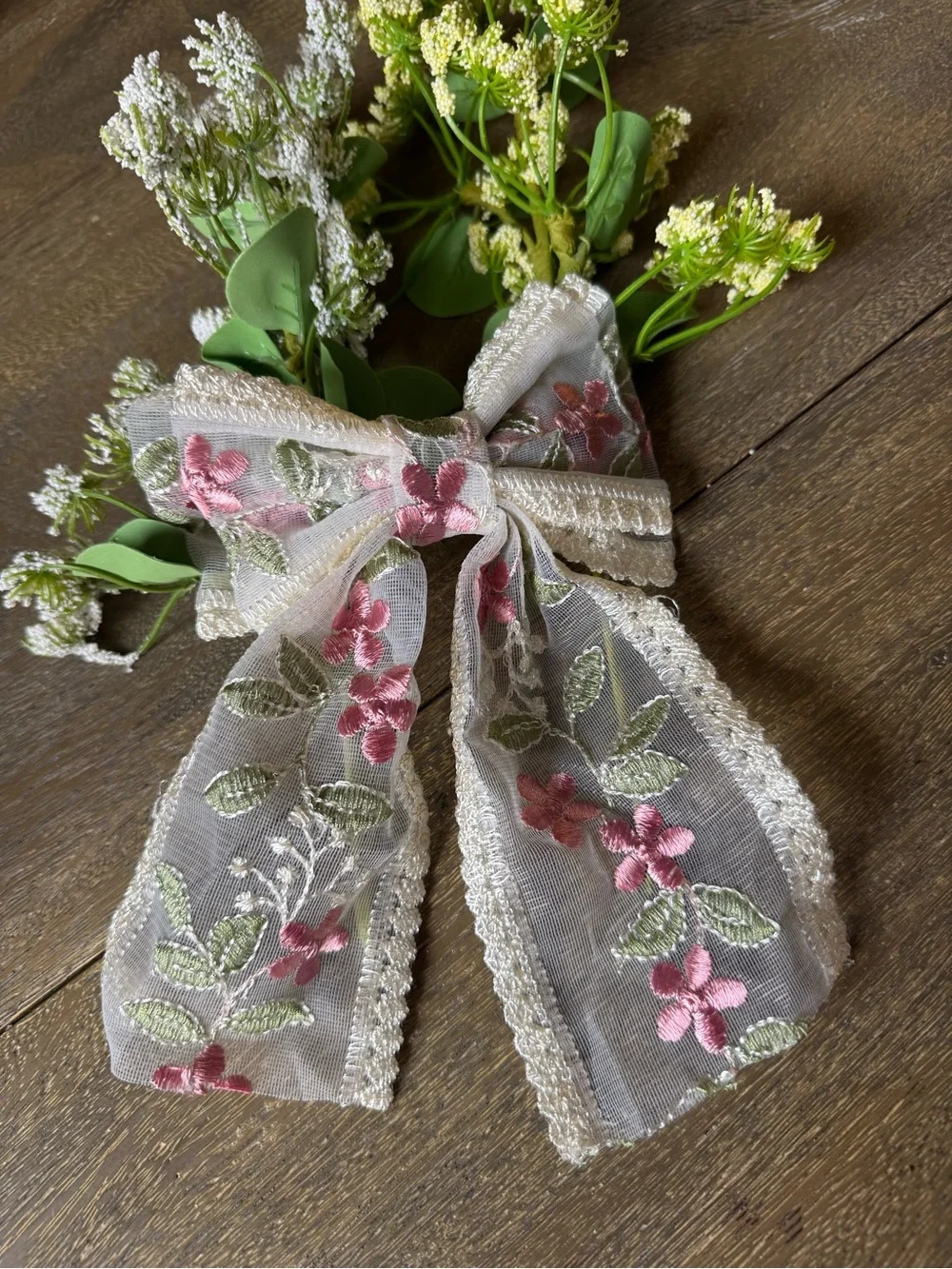 Lace Hair Bow Floral Embroidered  - Dusty Rose Pink on Cream